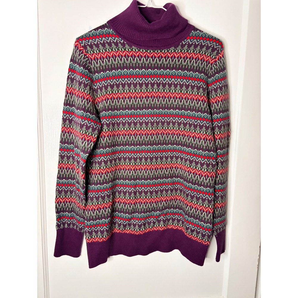 LL Bean Womens Fair Isle Turtleneck Sweater Purple Cotton Cashmere Size M 503413